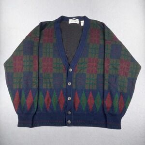 Vintage Ottimo Cardigan Sweater Mens Large Blue Plaid Argyle Wool Blend Italy
